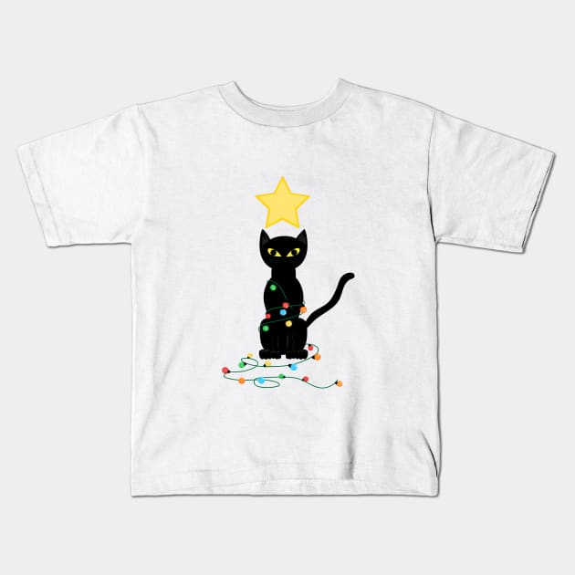 Black Santa Cat Tangled Up In Lights Christmas Santa Illustration Kids T-Shirt by JOB_ART